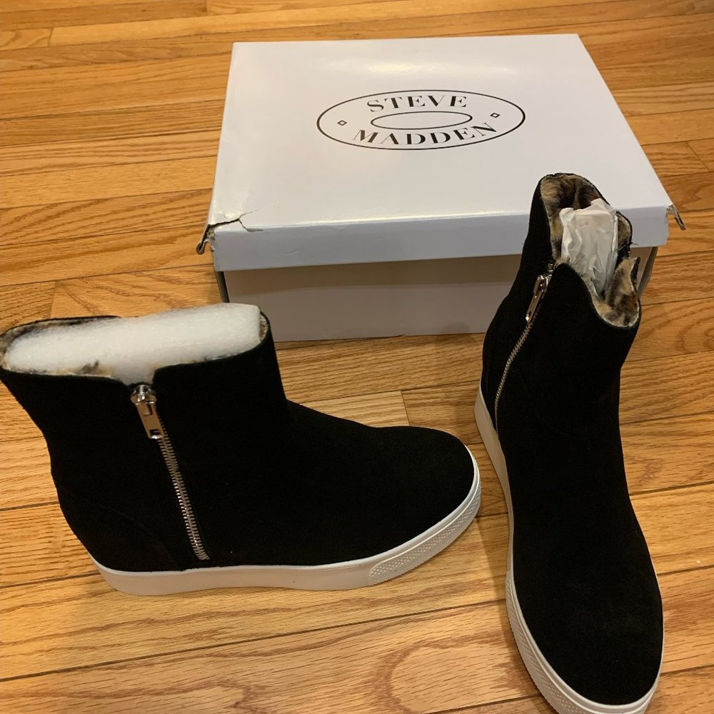 NEW Platform STEVE MADDEN Black Side Zip Suede Sneaker Boot Bootie Shoe 7.5M 7.5